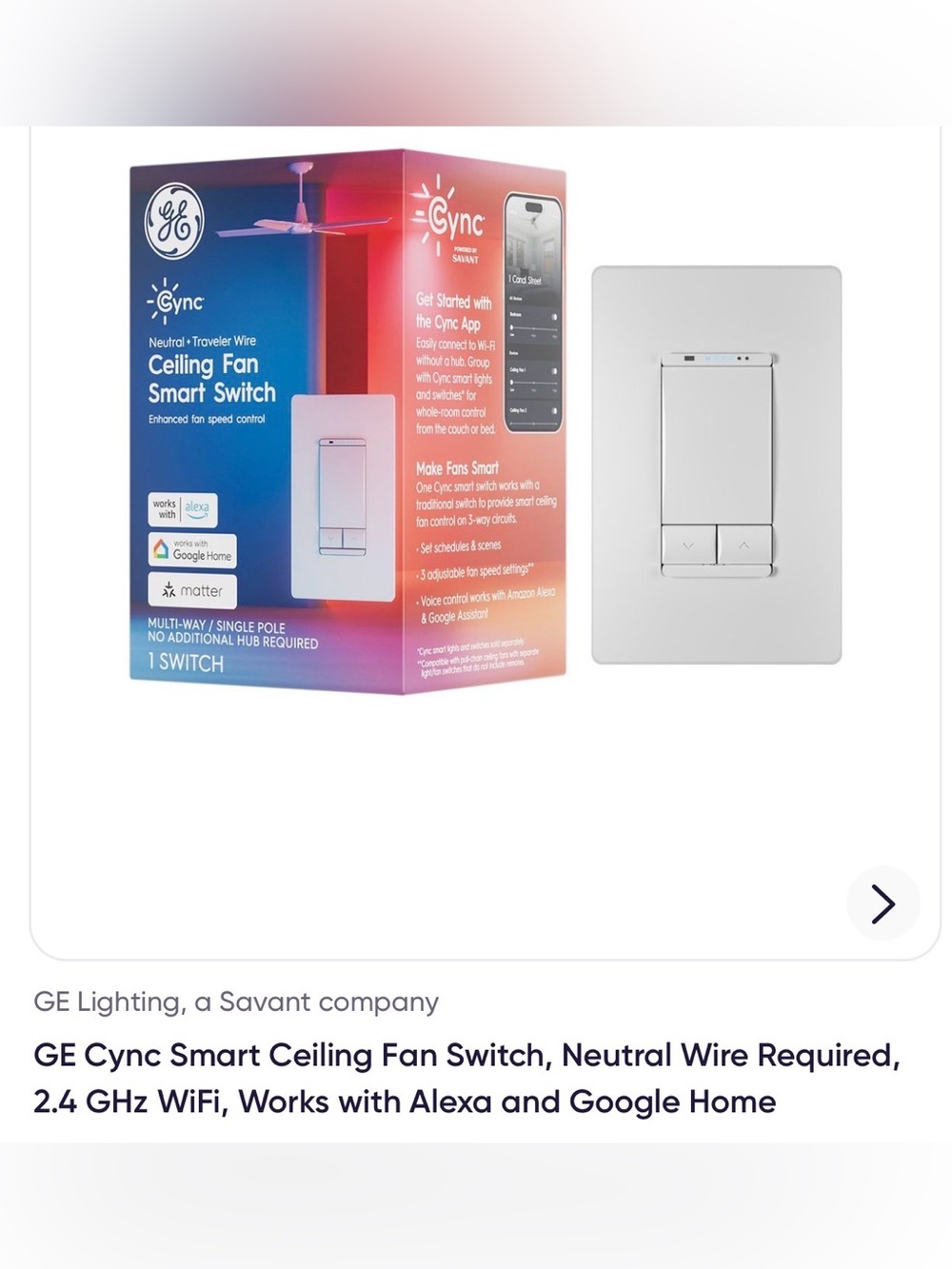 GE- Smart Ceiling Fan Switch